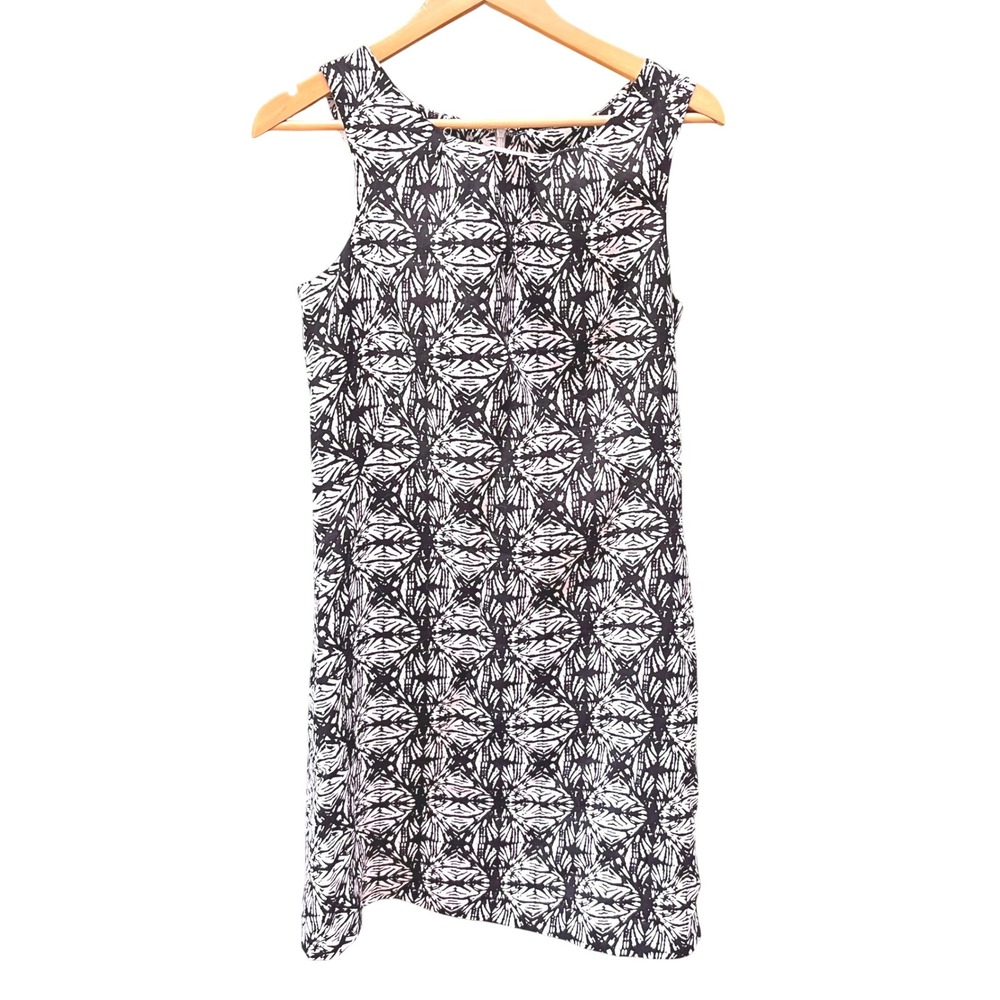 Saint Tropez West Black White Abstract Geometric 100% Linen Shift Dress 10